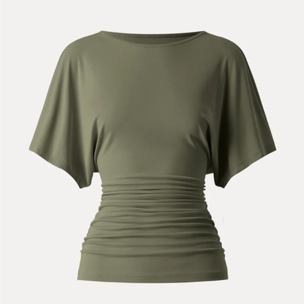 OGL Top Size S NEW Sandwashed Effortless Boatneck Batwing Sleeve Green Ruched